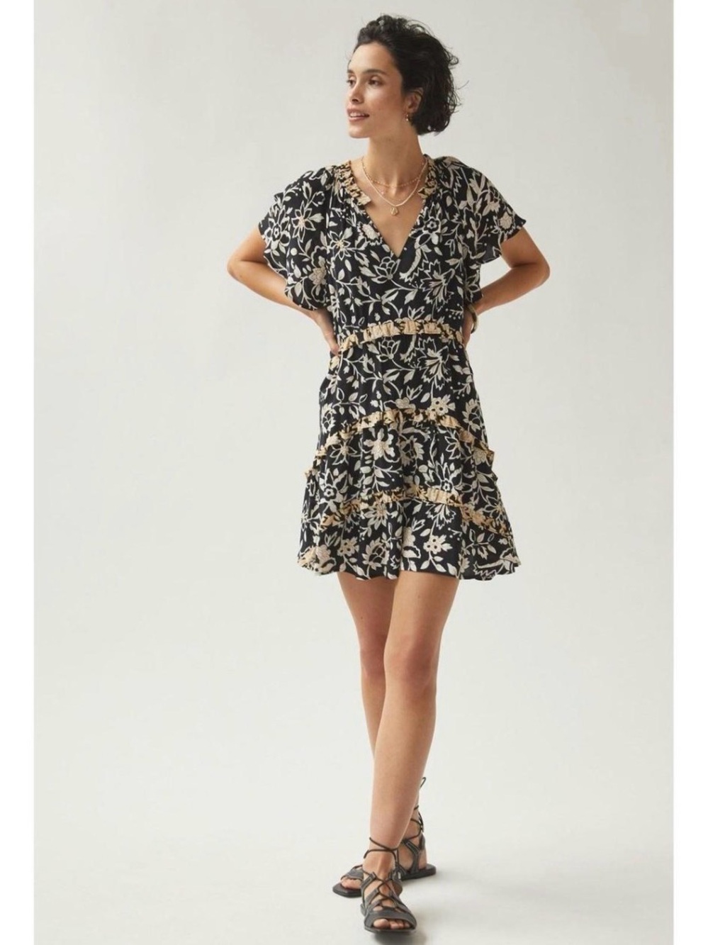 Anthropologie Black Ivory Floral Robin Tiered Mini Dress